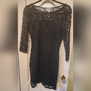 Ambiance Black Lace Midi Dress with Three-Quarter Sleeves